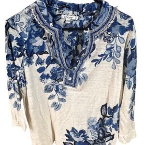 Chicos Size 2 Blue Floral 100% Linen V Neck Beaded Tunic Top Womens